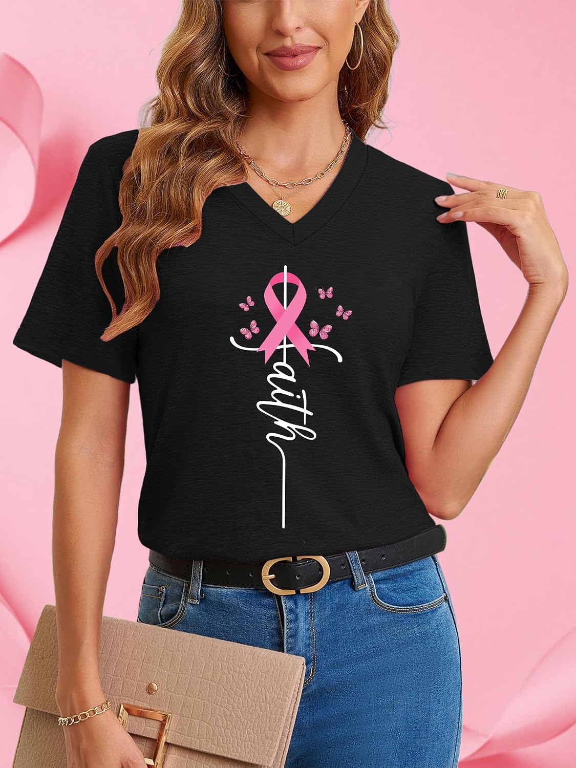 PECHAR Breast Cancer Shirts for Women: Pink Ribbon Breast Cancer Awareness T-Shirts Faith Inspirational Vneck Blouse Tops