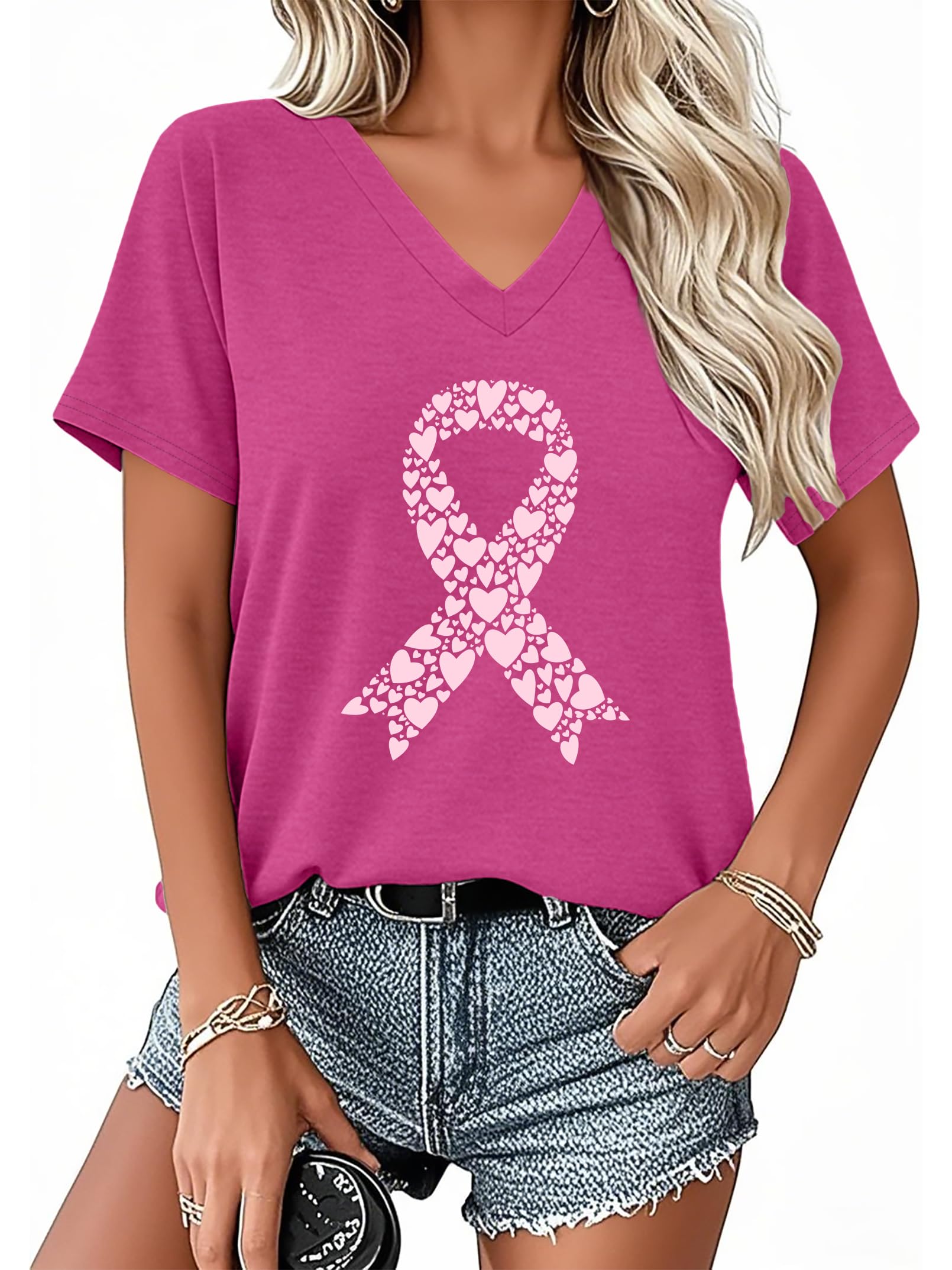 PECHAR Breast Cancer Shirts for Women: Pink Ribbon Breast Cancer Awareness T-Shirts Faith Inspirational Vneck Blouse Tops