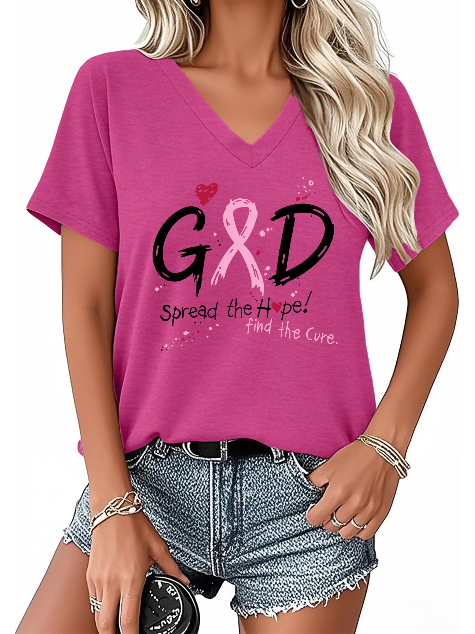 PECHAR Breast Cancer Shirts for Women: Pink Ribbon Breast Cancer Awareness T-Shirts Faith Inspirational Vneck Blouse Tops