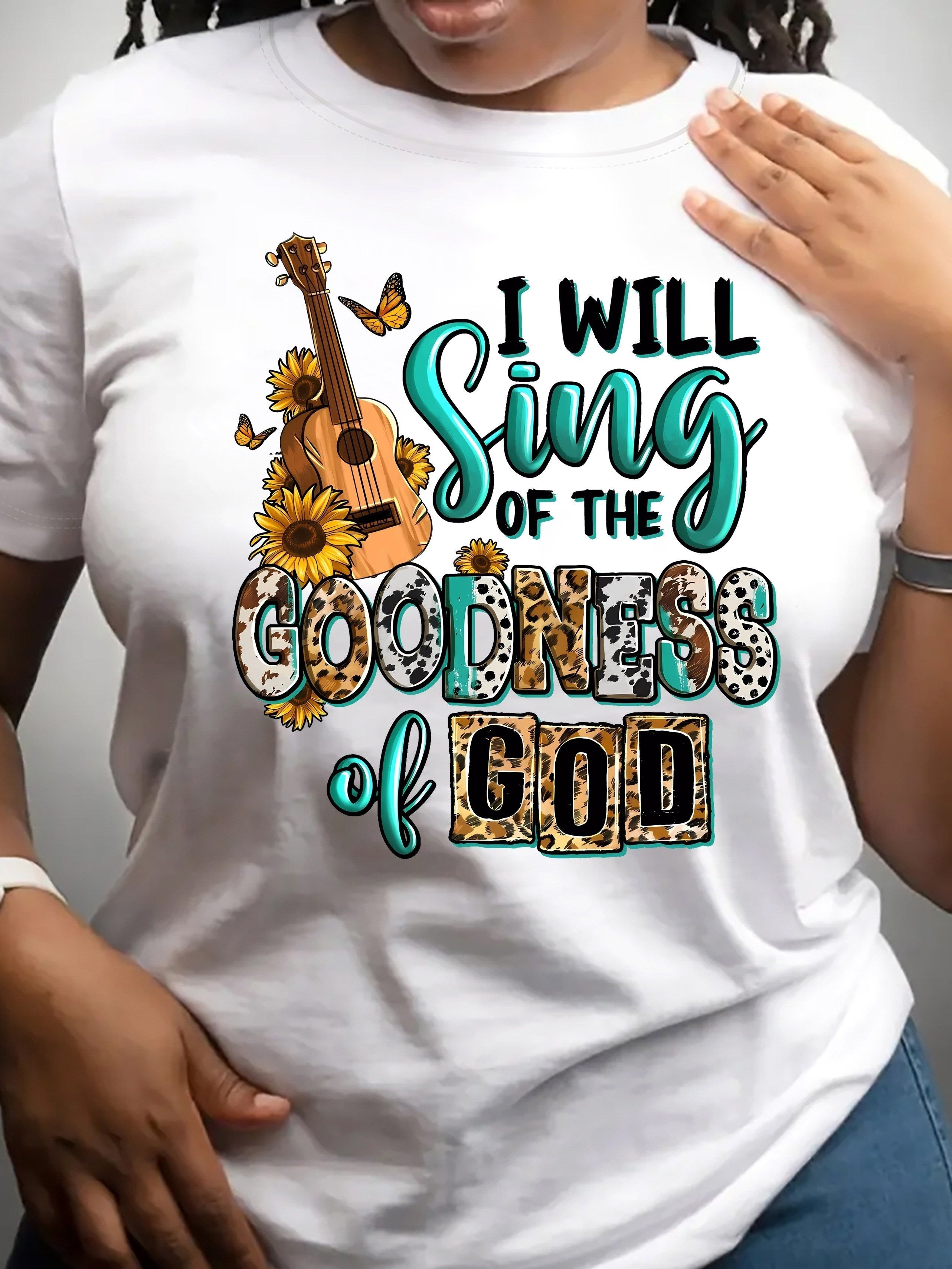 Women's I Will Sing of The Goodness of God T-Shirt Floral Guitar Leopard Print Christian Faith Tee