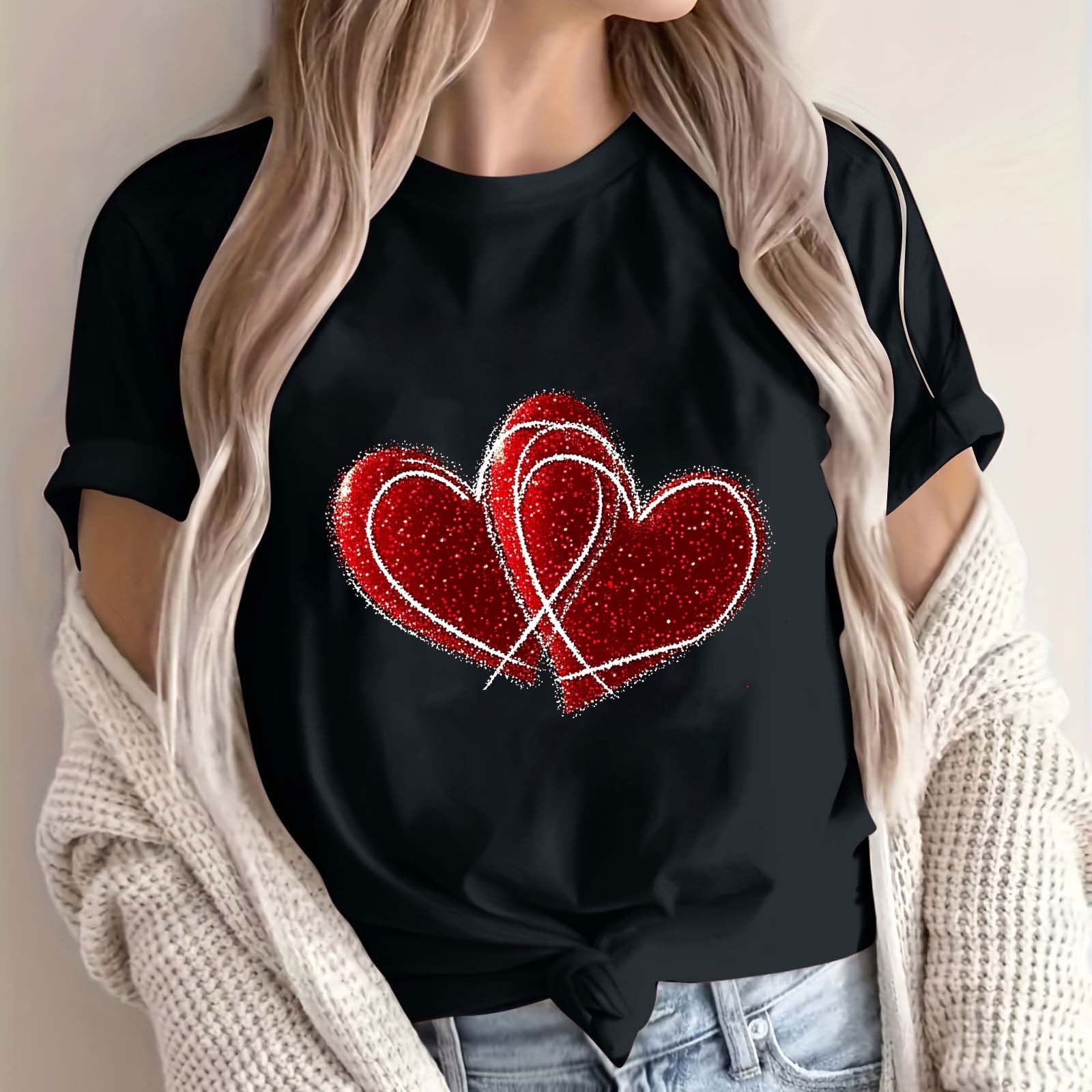 WREESH Womens Graphic Tshirt Valentine's Day Heart Printed Short Sleeve Tees Tops for 2025 Fashion T-Shirts Black