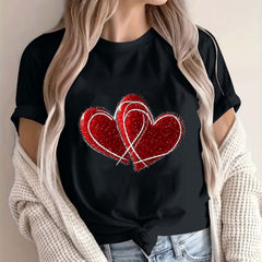 WREESH Womens Graphic Tshirt Valentine's Day Heart Printed Short Sleeve Tees Tops for 2025 Fashion T-Shirts Black