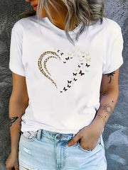 Women‘s Fashion Crew Neck Short Sleeve T-Shirt, Heart Design Graphic Tees, Comfortable All-Season Top，Women Clothing