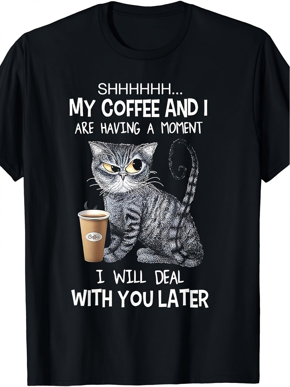 Men'S T-Shirt Cat And Coffee Text Print, Humorous Quote Design, Casual Daily Wear, Short Sleeve Top., Perfect for Fishing, Outdoor Activities