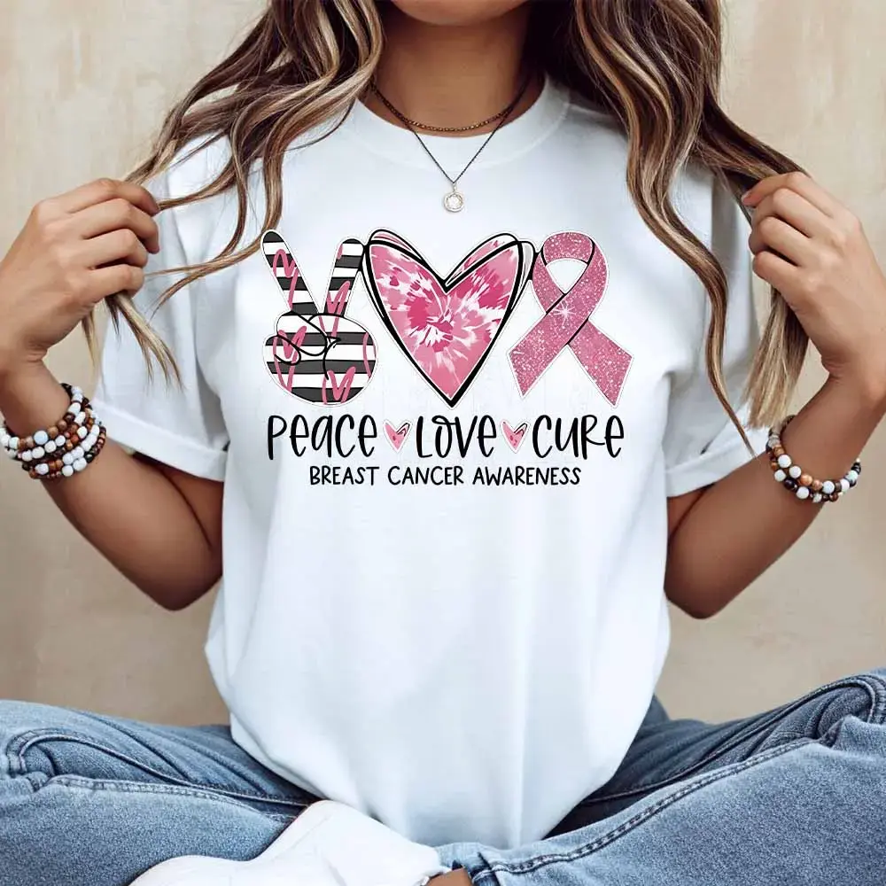 Peace Love Cure Breast Cancer Awareness Print T Shirt White Casual Loose Fit For Everyday Wear And Light Activities