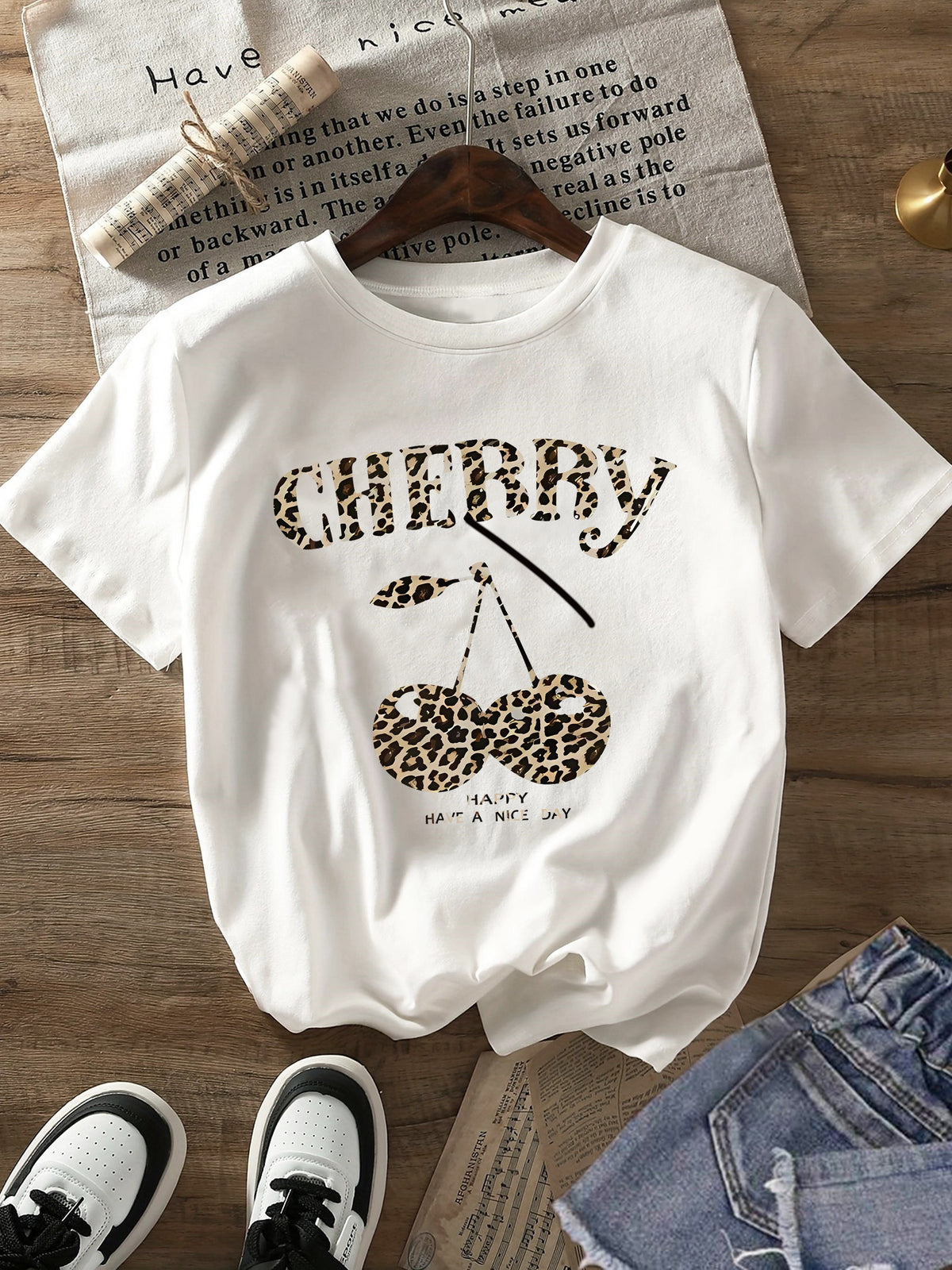 Women's Leopard Cherry T-Shirt, Cheetah Print Cherry Graphic Tee