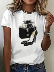 `Women's Fashion Graphic T‑Shirt, Sweet Wallet and High Heels Print Crew Neck Short Sleeve Casual Top Women Clothing