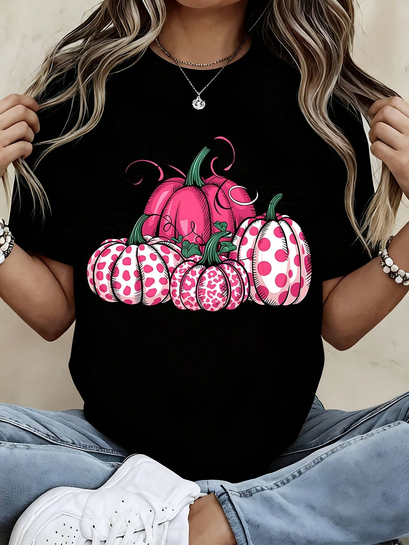 Women Casual Halloween T Shirt Black Pink Polka Dot Pumpkin Print Top