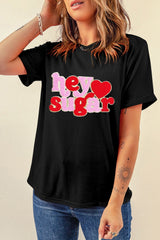 Cute Valentine's Day Graphic T-Shirt with Relaxed Fit and Adorable 'Hey Sugar' Design - [ZhiHiMeRi] | (US 12-14)L