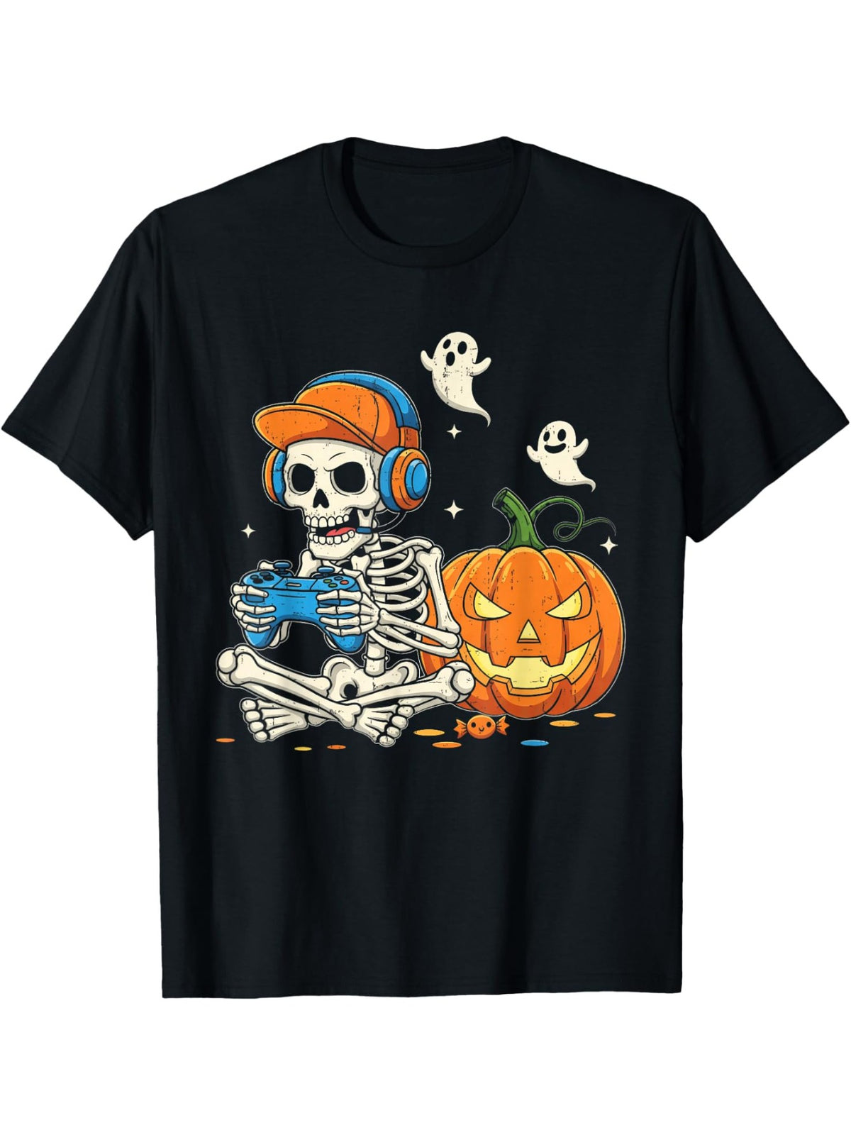 Skeleton Gaming Halloween Gamer Graphic Tee for Men Women, Funny Skull Video Game Short Sleeve T-Shirt, Casual Crew Neck Top for Gamer Gift
