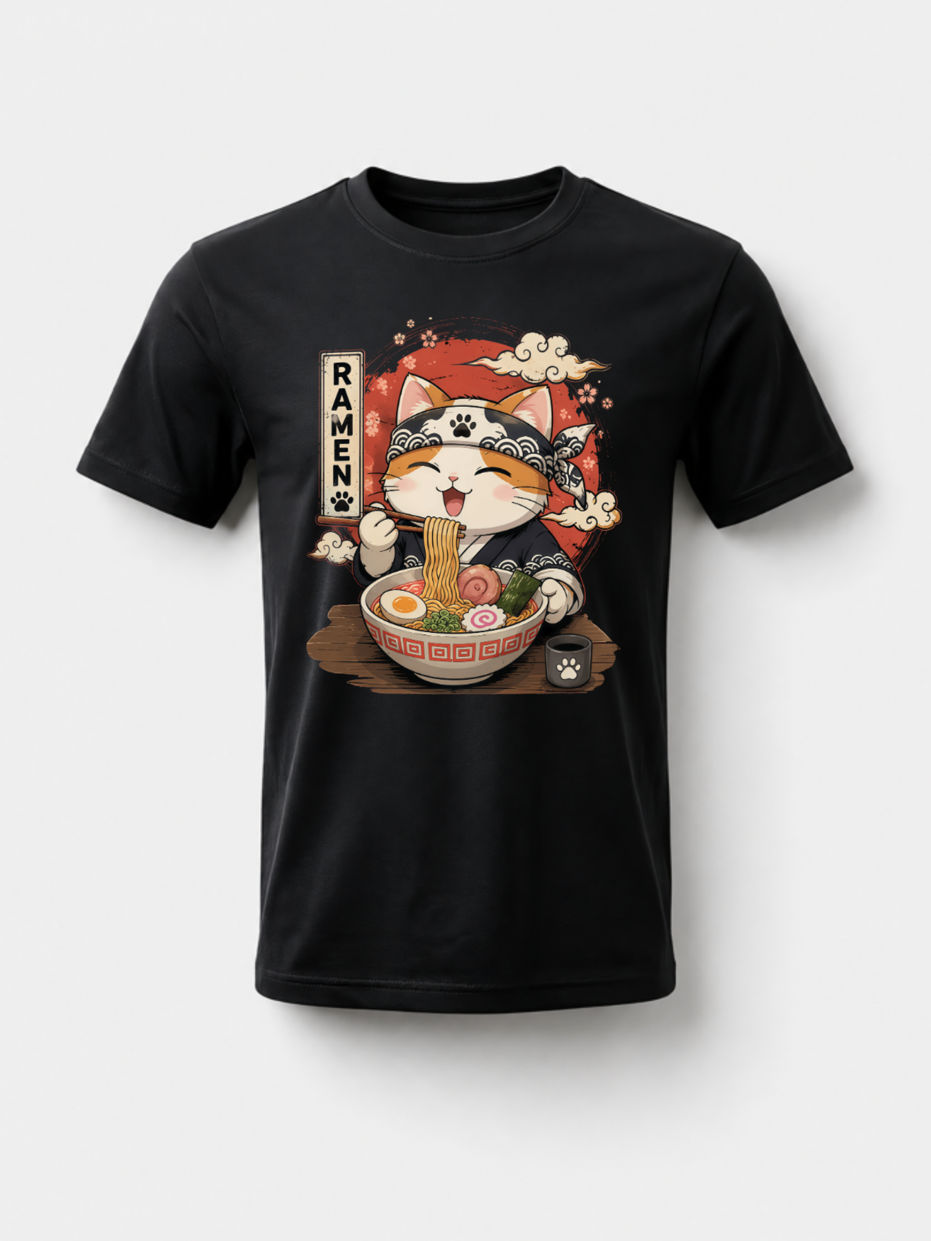 [100% Cotton] Trendy Graphic Funny T-Shirt - Funny Cat Ramen Graphic Tee Japanese Kawaii Anime Cat T-Shirt - Men Women Loose Sports T-Shirt Golf Gift T-Shirt For Men And Women