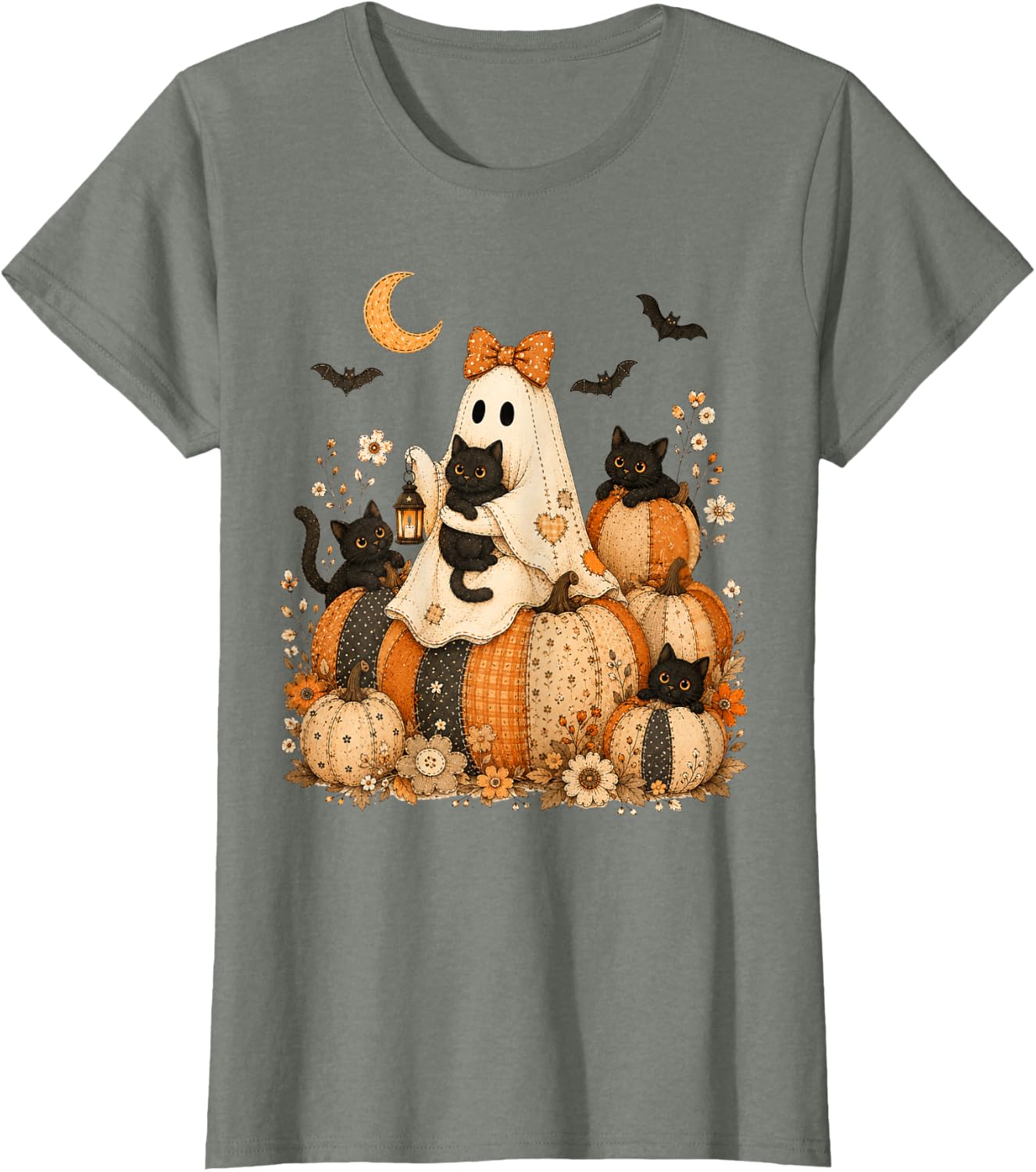 Cute Halloween Ghost Black Cat Pumpkin Patchwork Cat Mom T-Shirt