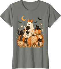 Cute Halloween Ghost Black Cat Pumpkin Patchwork Cat Mom T-Shirt