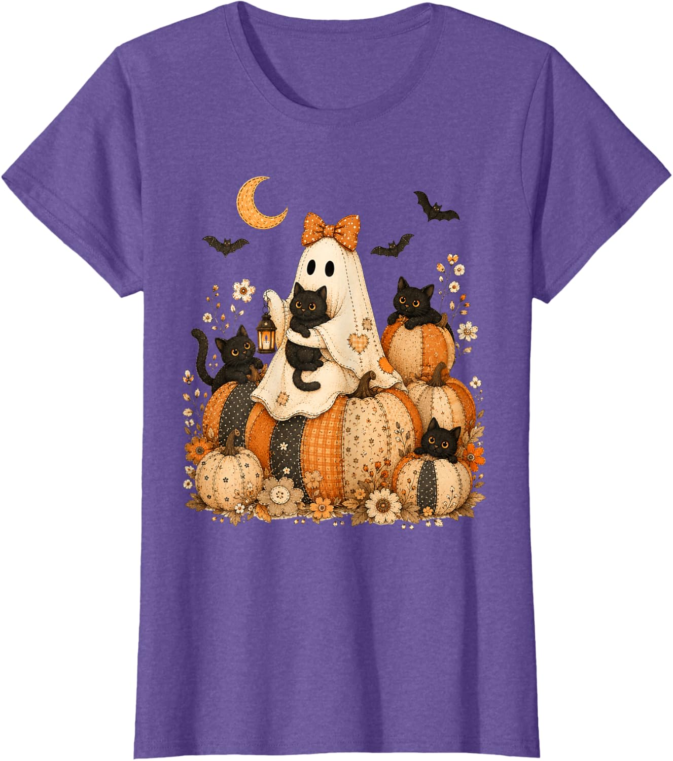 Cute Halloween Ghost Black Cat Pumpkin Patchwork Cat Mom T-Shirt
