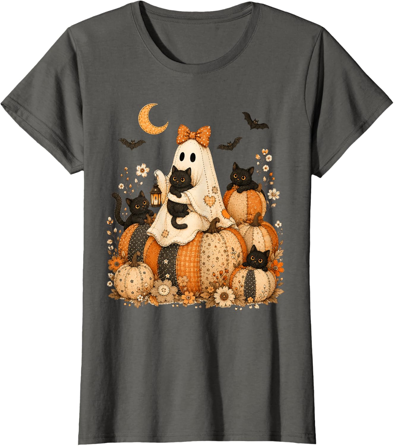 Cute Halloween Ghost Black Cat Pumpkin Patchwork Cat Mom T-Shirt
