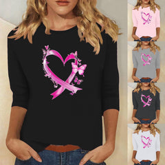 AGWOLF Women Breast Cancer Awareness Shirts Pink Ribbon Graphic T-Shirt 3/4 Crew Neck Casual Top Survivor Support Charity Gift Gray XXL