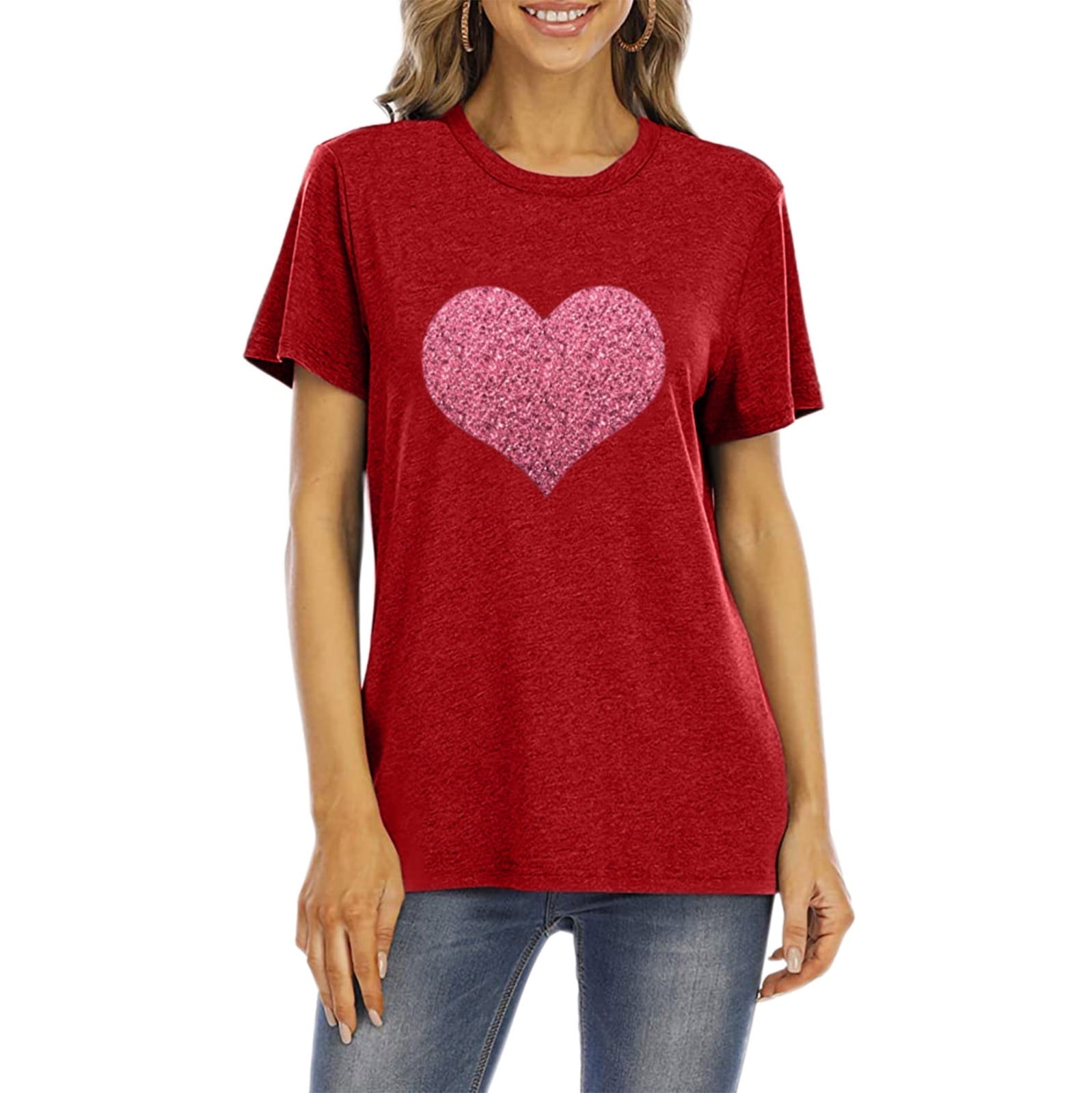 Aofany Womens Plus Size Shirts Women T-Shirt Glittery Heart Graphic Valentine’s Day Short Sleeve Tees Tops