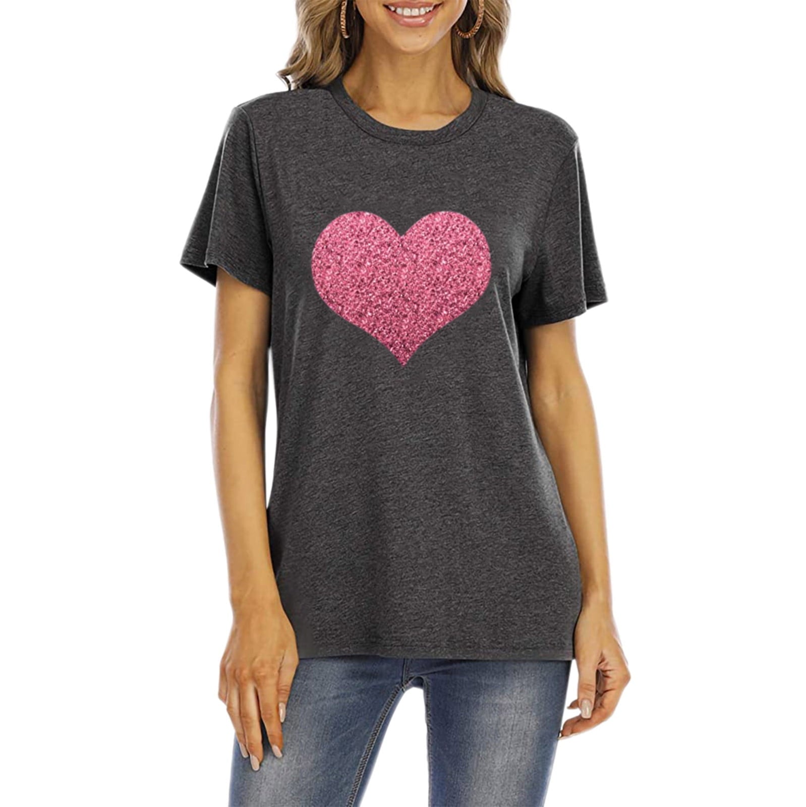 Aofany Womens Plus Size Shirts Women T-Shirt Glittery Heart Graphic Valentine’s Day Short Sleeve Tees Tops