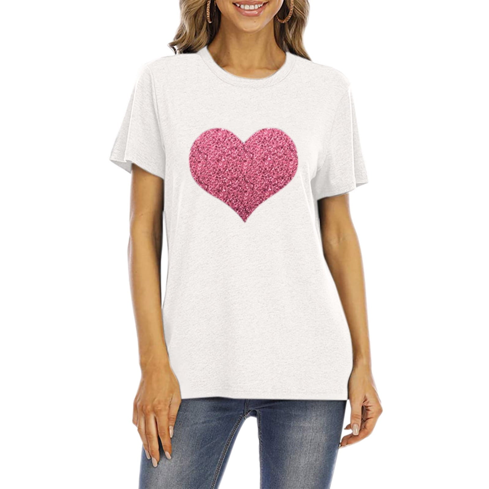 Aofany Womens Plus Size Shirts Women T-Shirt Glittery Heart Graphic Valentine’s Day Short Sleeve Tees Tops