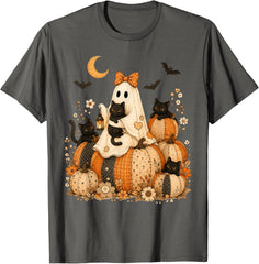 Cute Halloween Ghost Black Cat Pumpkin Patchwork Cat Mom T-Shirt