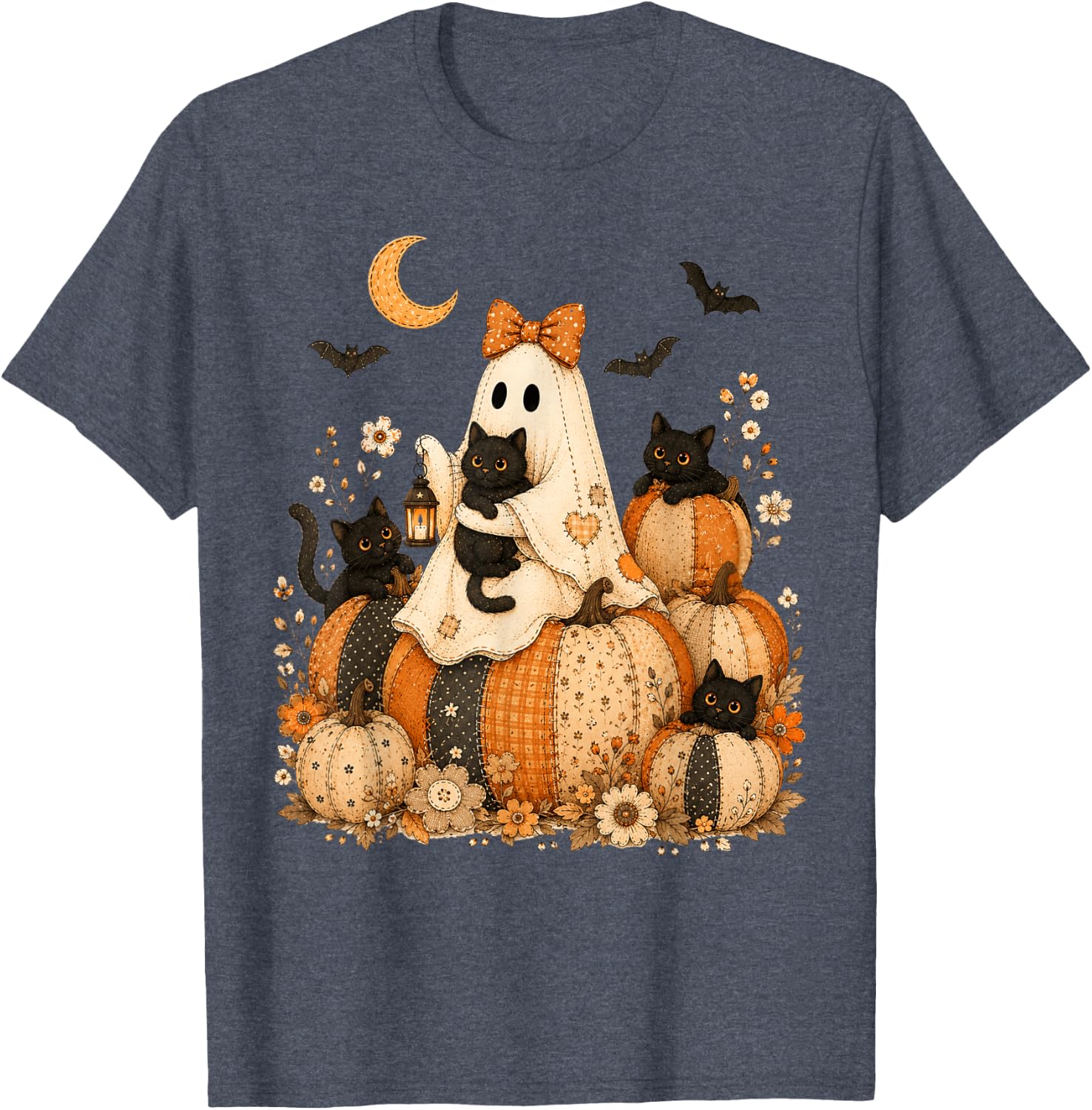 Cute Halloween Ghost Black Cat Pumpkin Patchwork Cat Mom T-Shirt