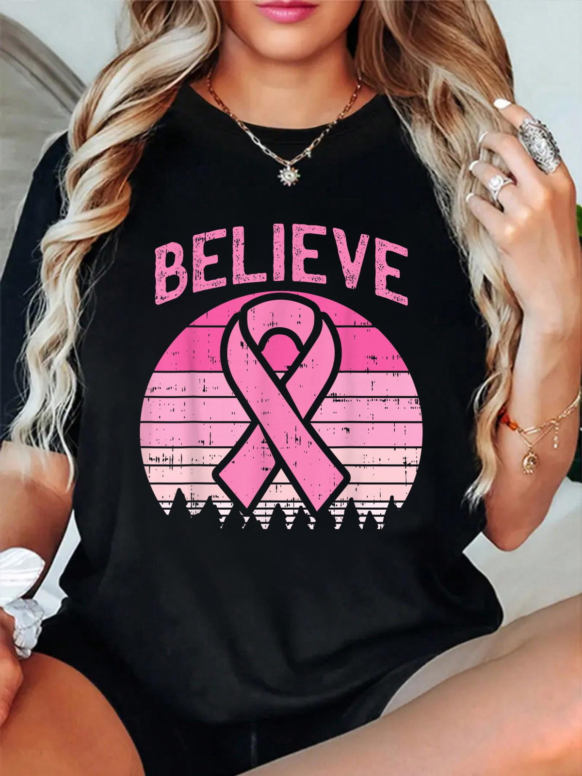 Believe Breast Cancer Awareness Pink Ribbon Women Survivor T-Shirt Graphic Tee summer Tops For Women Round Neck Fashion Cotton shirts