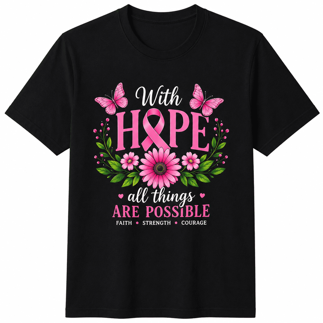Breast Cancer Awareness T-Shirt for Women, Pink Ribbon Hope Floral Graphic Tee, Inspirational Faith Shirt, Survivor Support Gift, Butterfly Flower Casual Short Sleeve Top