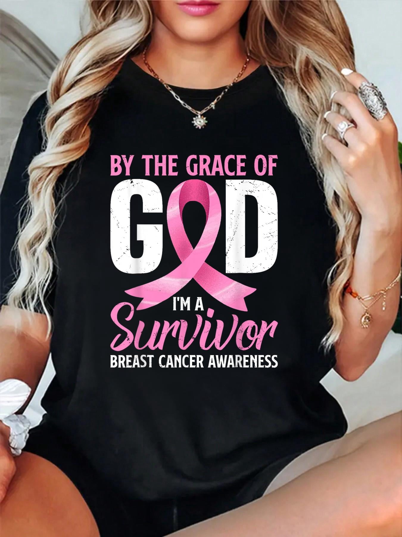 By The Grace God I'm A Survivor Breast Cancer Awareness T-Shirt casual short sleeve crew neck cotton tee tops for women