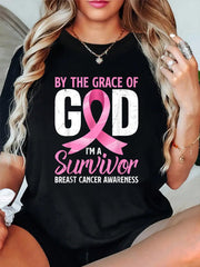 By The Grace God I'm A Survivor Breast Cancer Awareness T-Shirt casual short sleeve crew neck cotton tee tops for women