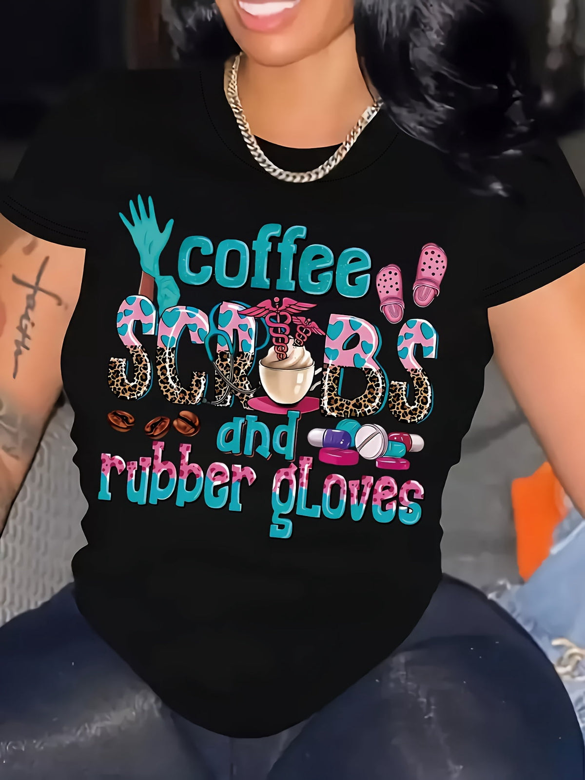 Coffee And Rubber Gloves Graphic Tee for Women, Funny Nurse Medical Short Sleeve T-Shirt, Casual Crew Neck Top for Healthcare Worker Daily Wear Gift