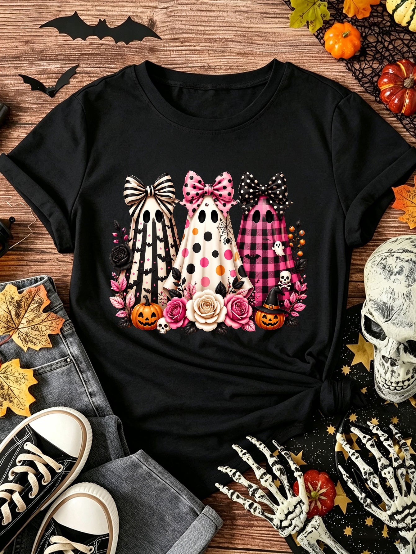 Cute Ghost T-Shirt Bow Ghost Pumpkin Rose Halloween Graphic Tee