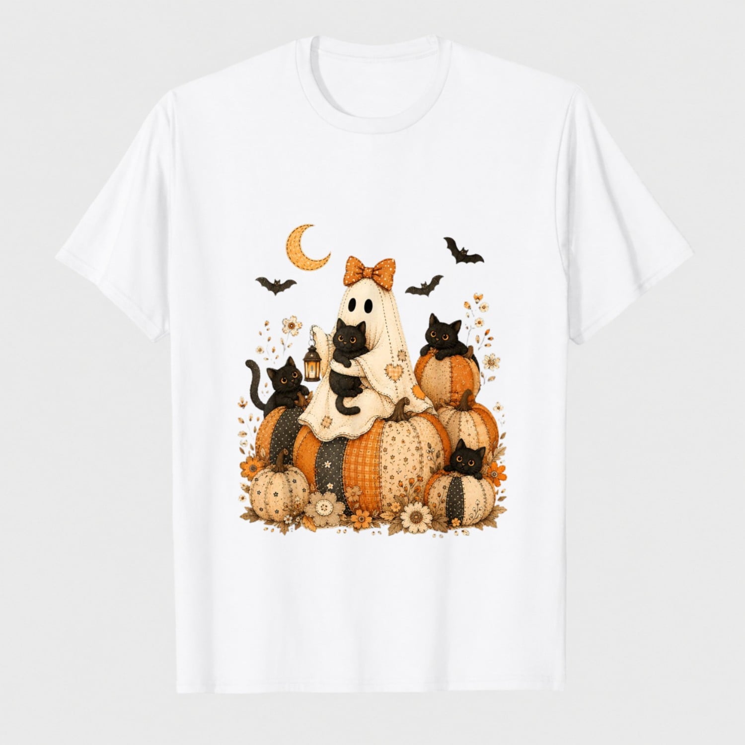 Cute Halloween Ghost Black Cat Pumpkin Patchwork Cat Mom T-Shirt