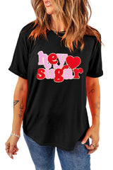 Cute Valentine's Day Graphic T-Shirt with Relaxed Fit and Adorable 'Hey Sugar' Design - [ZhiHiMeRi] | (US 12-14)L