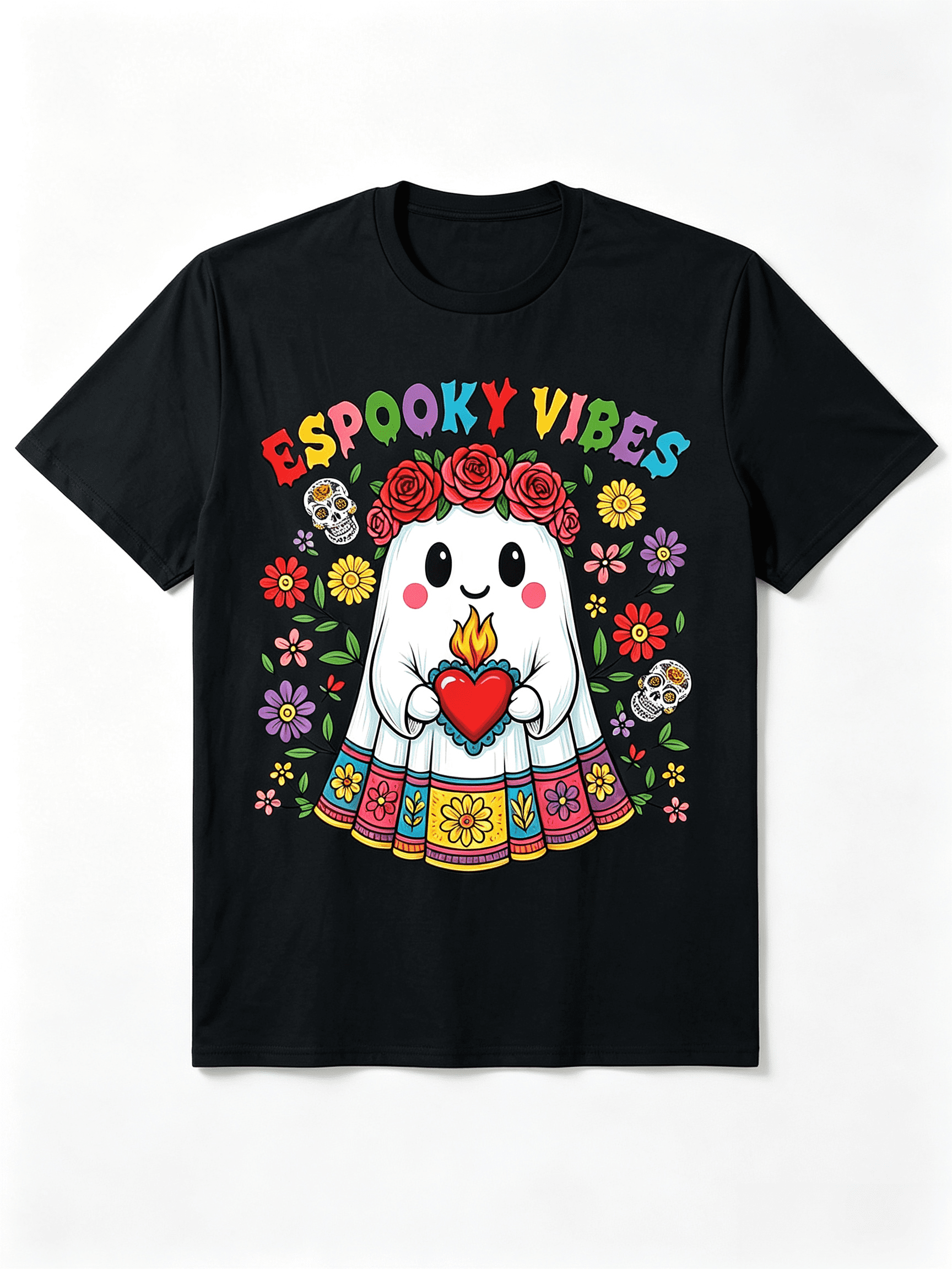 Dia De Los Muertos Shirt Espooky Vibes Ghost With Flowers Sugar Skull Halloween Top