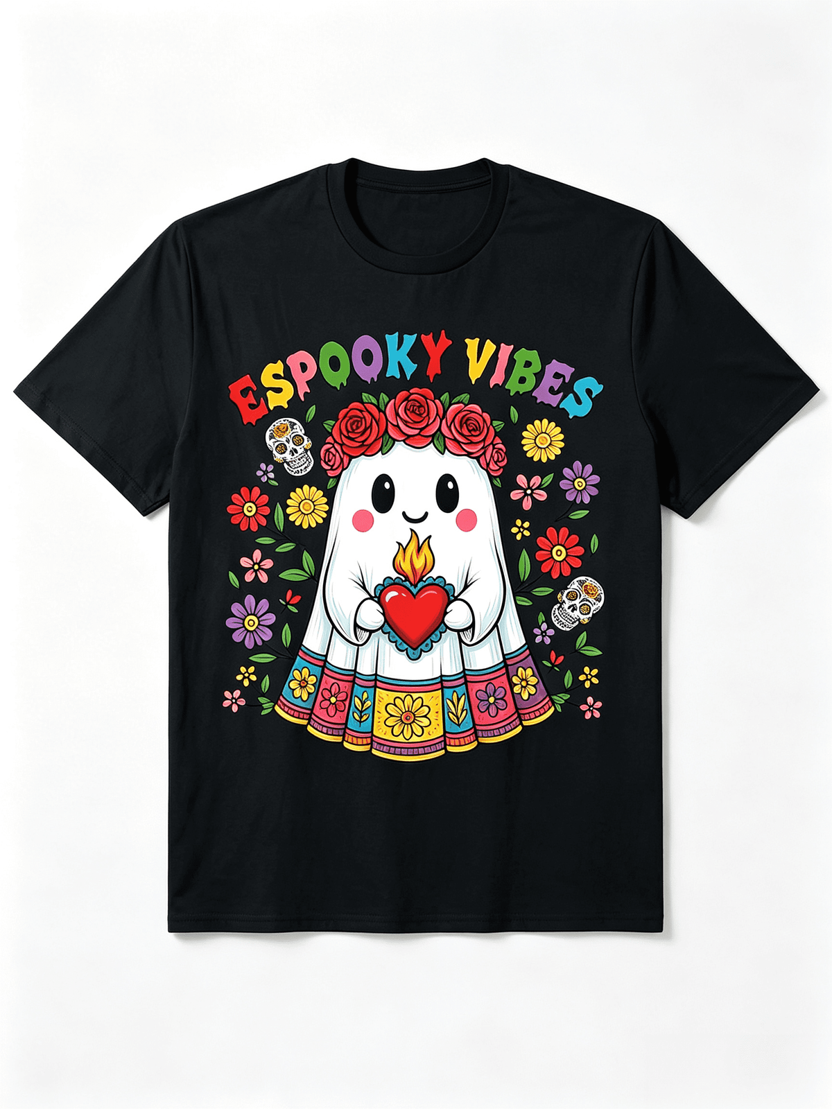 Dia De Los Muertos Shirt Espooky Vibes Ghost With Flowers Sugar Skull Halloween Top