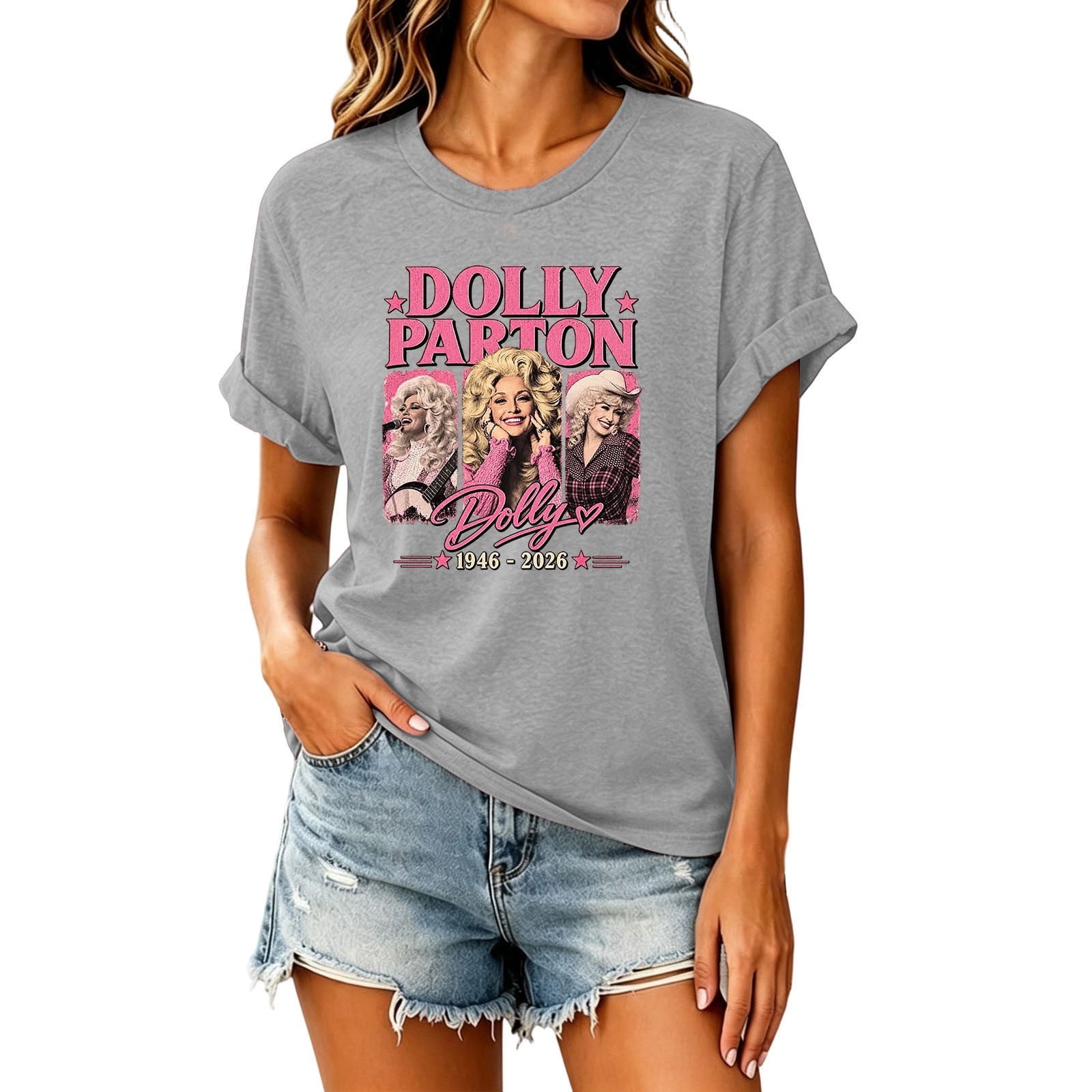 Dolly Graphic T-Shirt - Women's Short Sleeve Crew Neck Country Music Tee With Vintage Angel Design For Concert Festival And Casual Wear