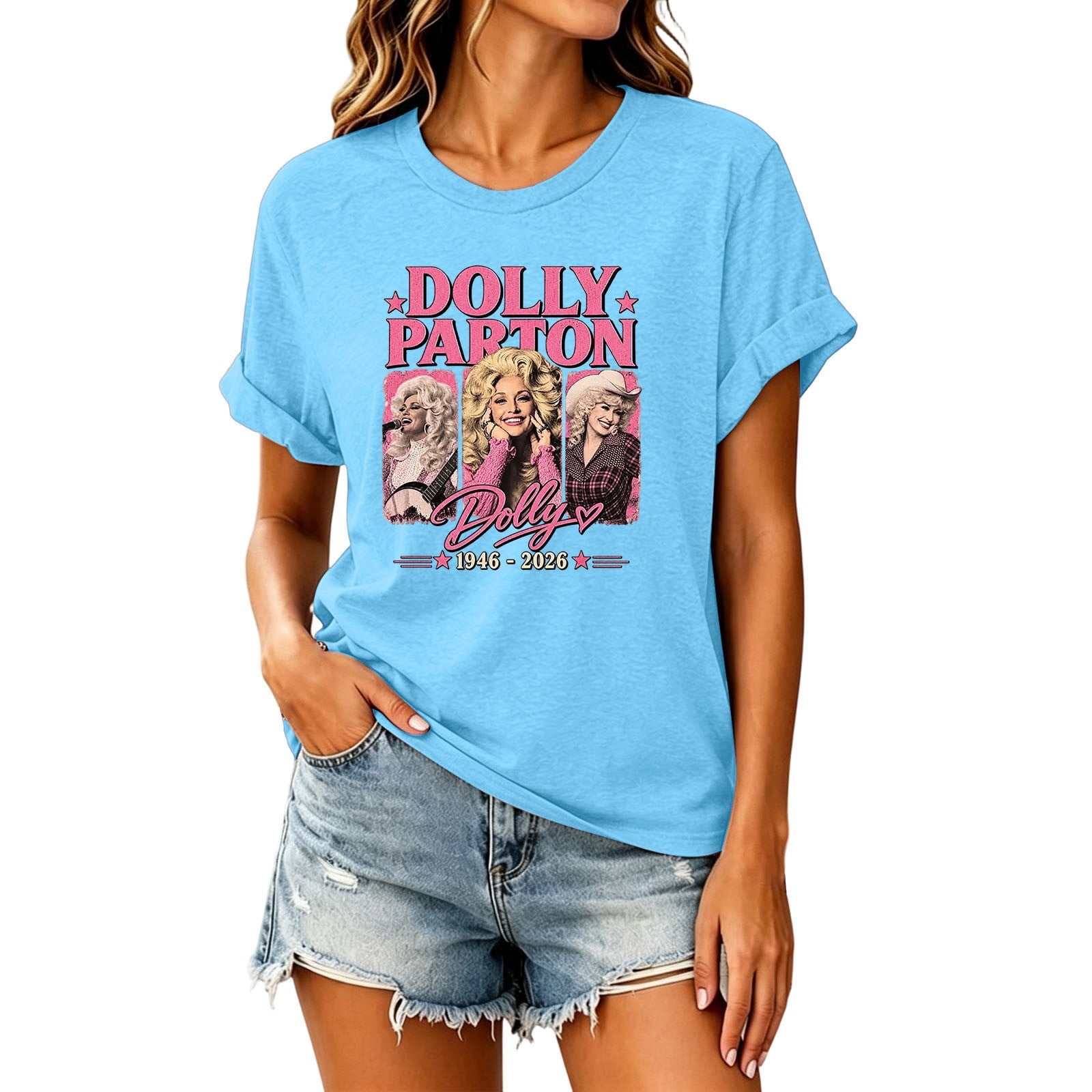 Dolly Graphic T-Shirt - Women's Short Sleeve Crew Neck Country Music Tee With Vintage Angel Design For Concert Festival And Casual Wear