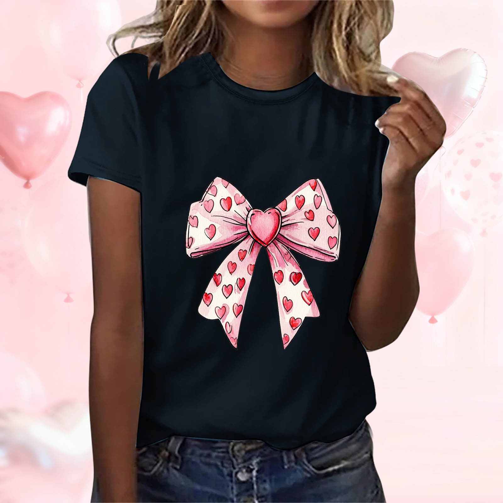 EchfiProm T shirts for Women Graphic Tee Valentine Day Valentine Summer Cute Lovers Shirts Bow Print