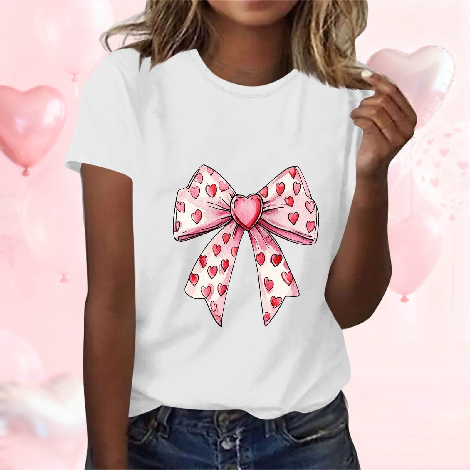 EchfiProm T shirts for Women Graphic Tee Valentine Day Valentine Summer Cute Lovers Shirts Bow Print