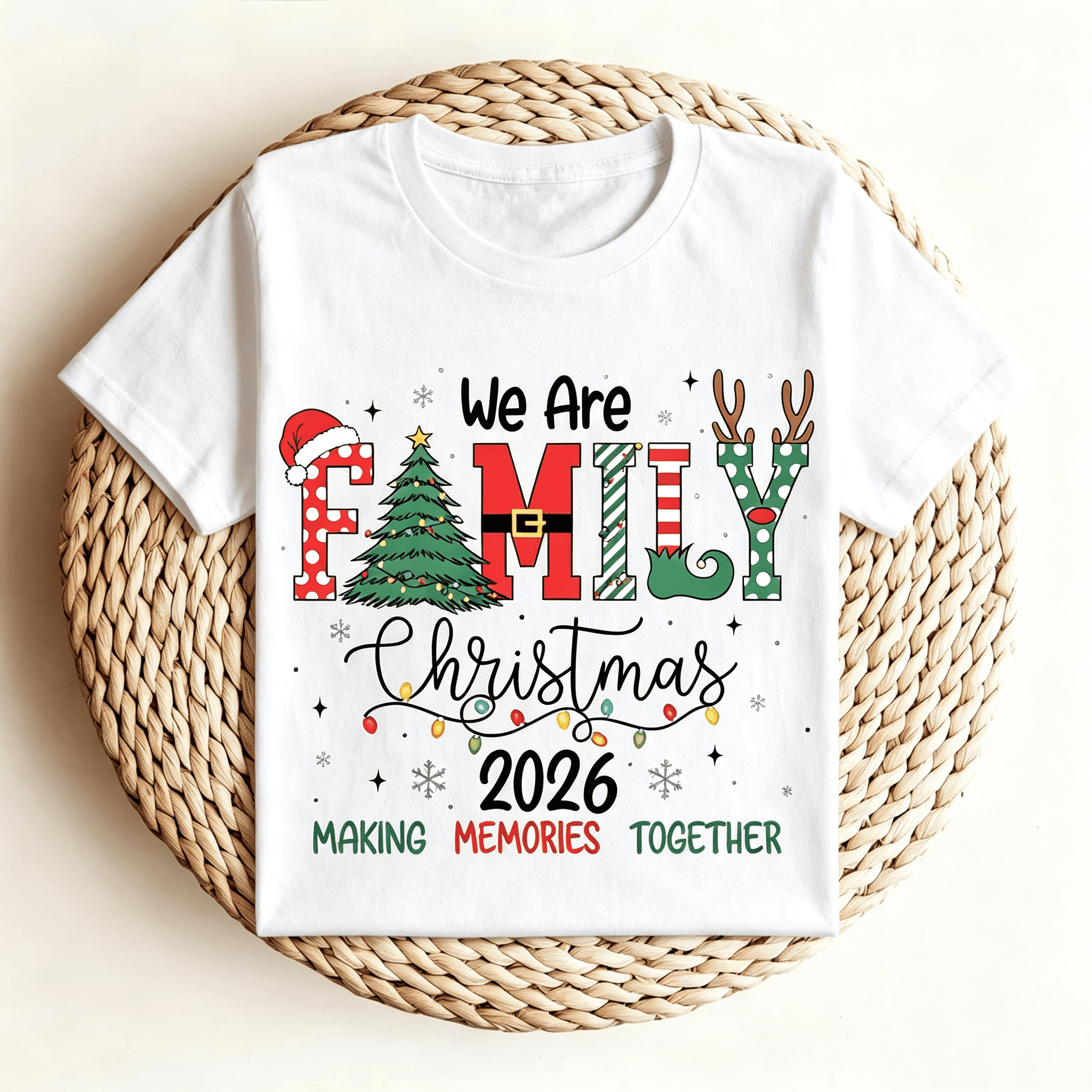 We Are Family Christmas 2026 Graphic T‑Shirt, Festive Making Memories Together Crew Neck Short‑Sleeve Casual Holiday Tee for Family Matching Xmas Outfits