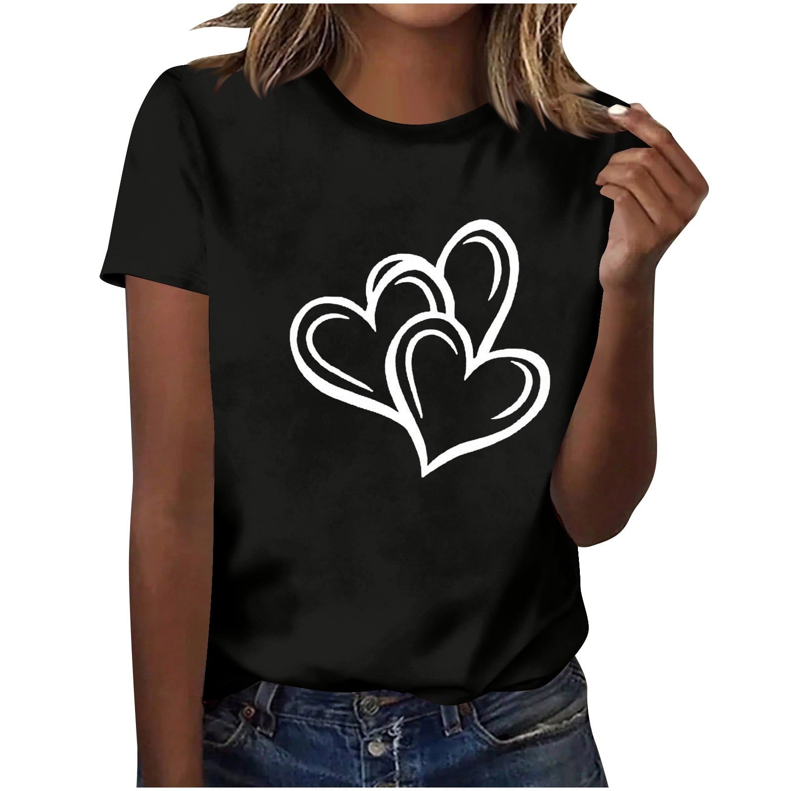 Felirenzacia Big and Tall Women's Heart Graphic Short Sleeves Pullover Tee Tops, Summer Casual Cotton T Shirt Valentine's Day Gift for Plus Women Black,XXXL