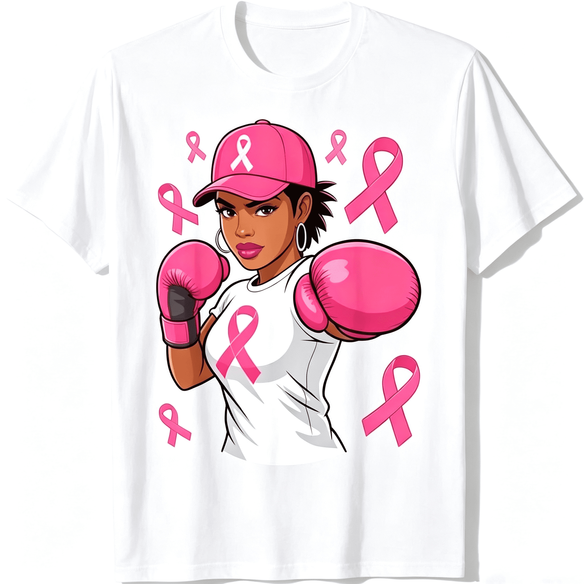 Fight Breast Cancer Awareness T‑Shirt, Pink Ribbon African American Woman Boxing Graphic Short‑Sleeve Tee in October We Wear Pink Tshirts