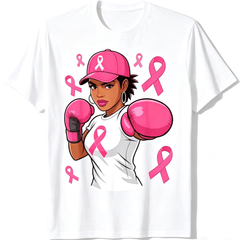 Fight Breast Cancer Awareness T?Shirt, Pink Ribbon African American Woman Boxing Graphic Short?Sleeve Tee in October We Wear Pink Tshirts