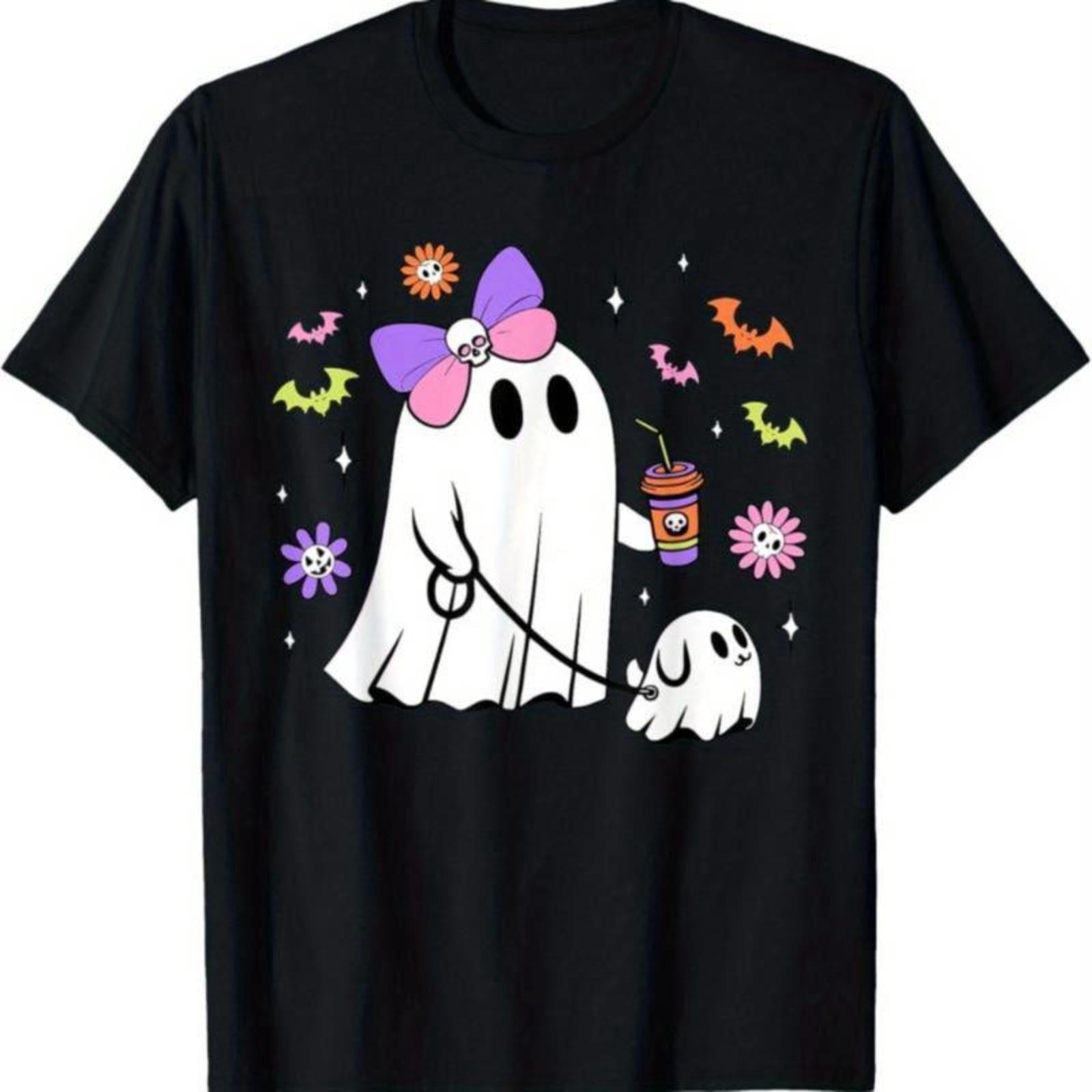 Ghost Holding Coffee Cup Graphic T-Shirt for Women, Casual Vintage Tee with Distressed Print，Loose，cotton，black，S-5XL