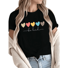 Giffimy Women Be Kind Leopard Heart Graphic Tees T-Shirt Tops Round Neck Cotton T-Shirt White S-5XL