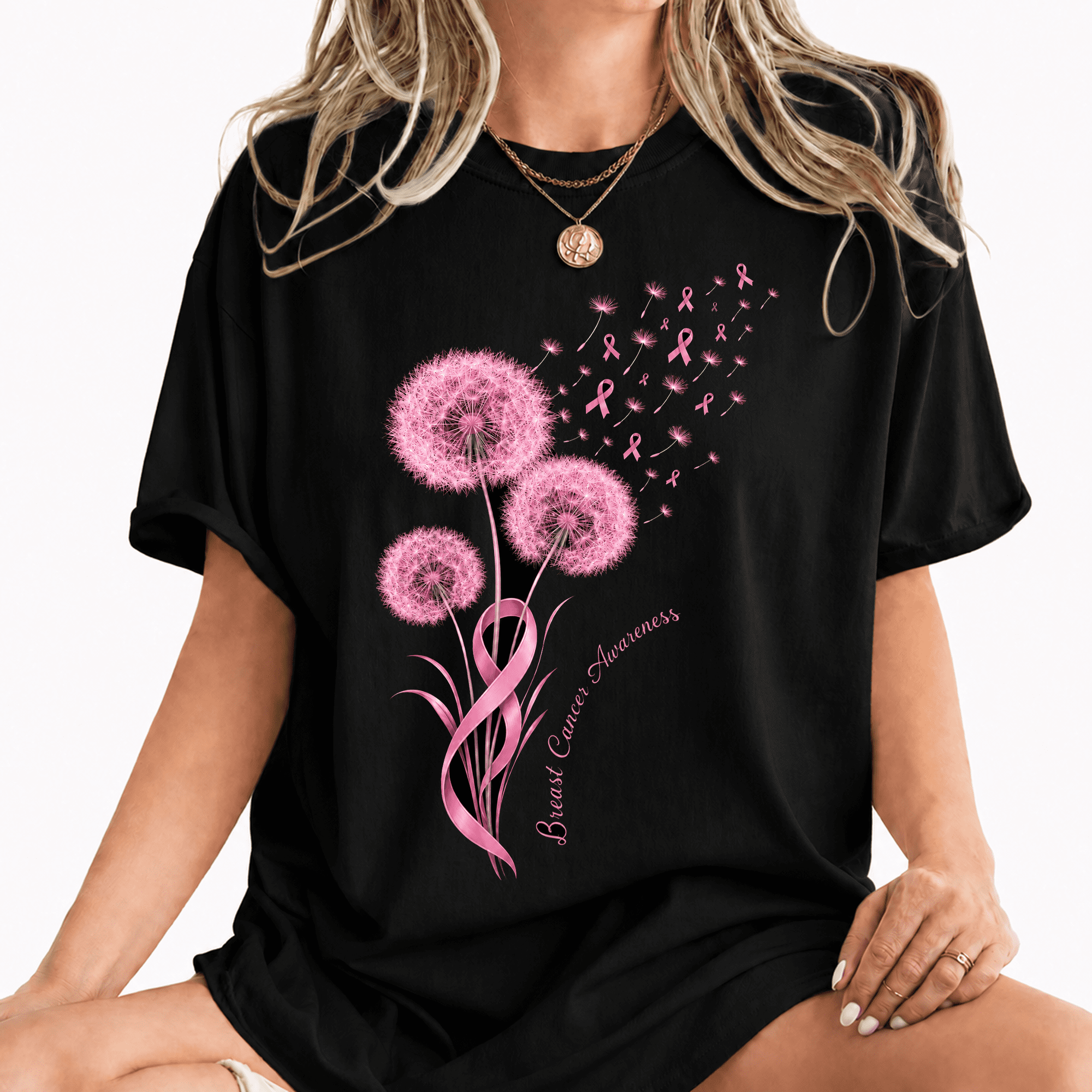 Godmerch Women's Breast Cancer Awareness Inspirational Pink Ribbon Dandelion Floral Graphic T-Shirt