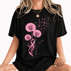 Godmerch Women's Breast Cancer Awareness Inspirational Pink Ribbon Dandelion Floral Graphic T-Shirt