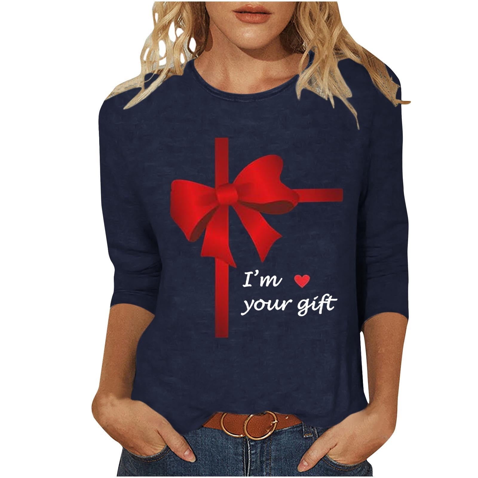Guluxicc Shirts for Women Casual Crewneck 3/4 Length Sleeve Tees Valentine's Day Graphic Print Tops, Black, 5XL