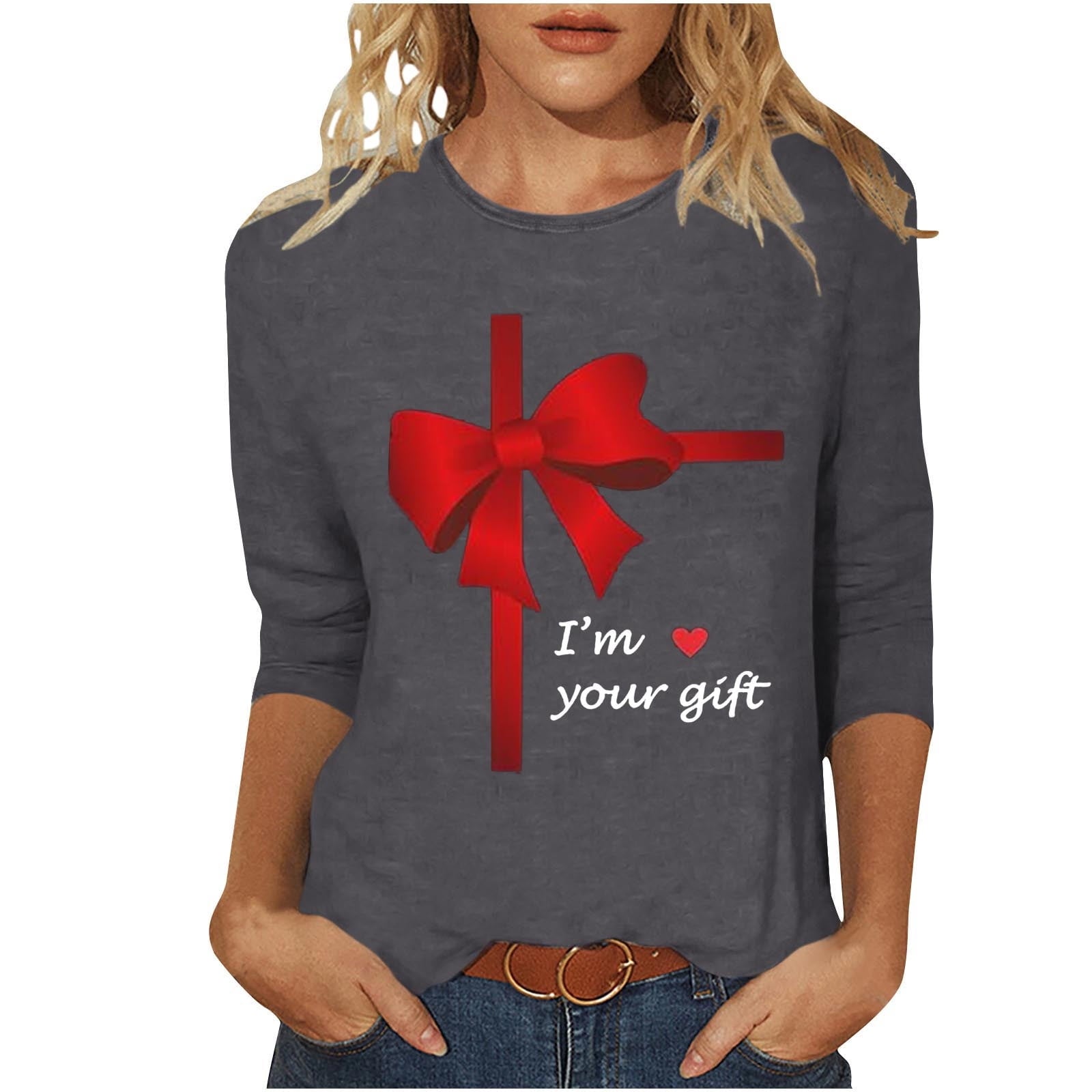 Guluxicc Shirts for Women Casual Crewneck 3/4 Length Sleeve Tees Valentine's Day Graphic Print Tops, Black, 5XL