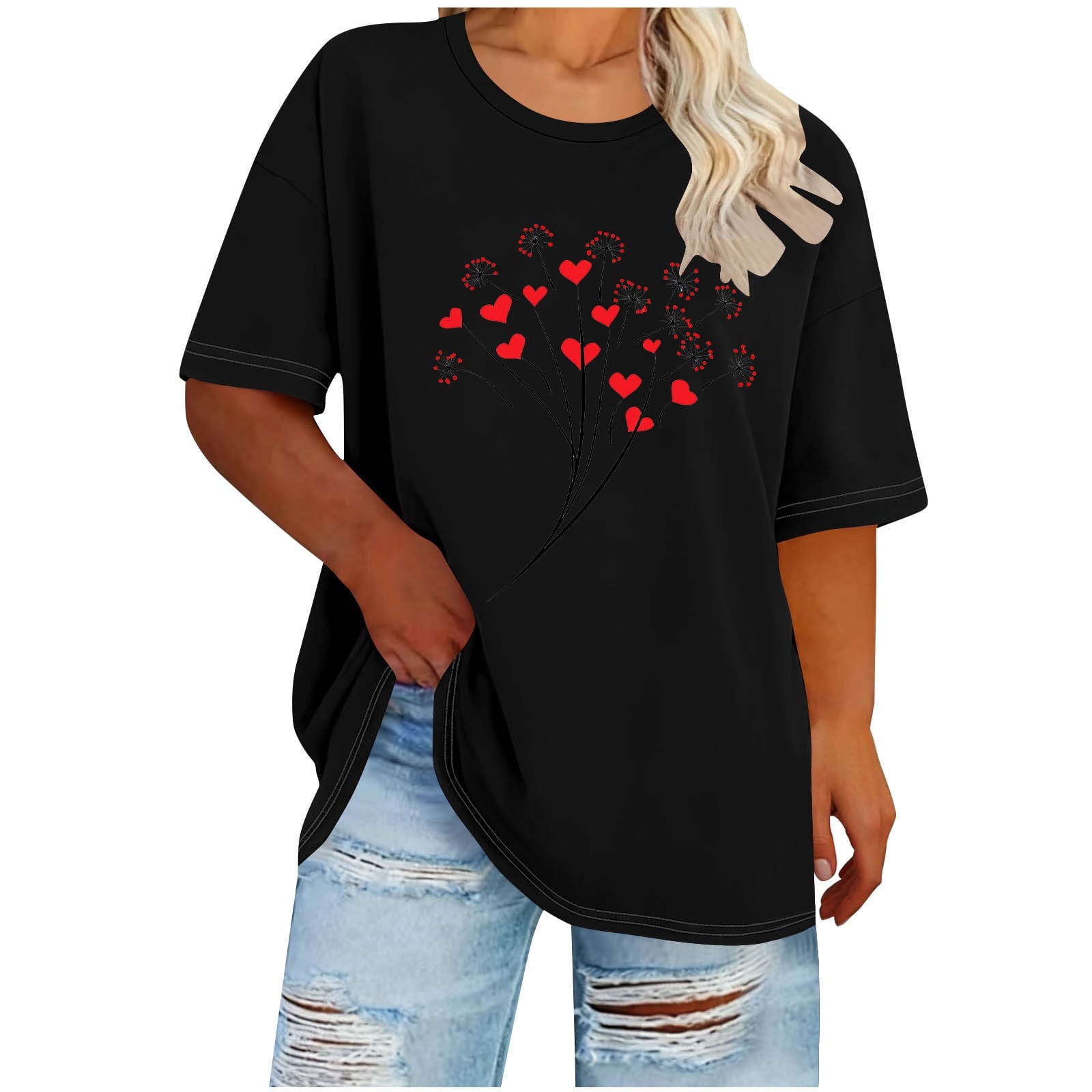 Guluxicc Womens T Shirts Casual Crewneck Short Sleeve Graphic Tops Valentine's Day Tees, Black, XL